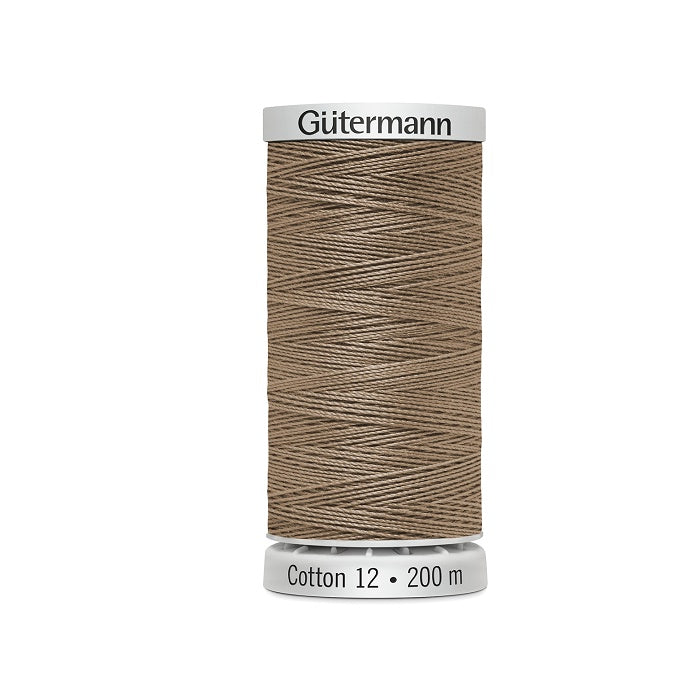 Spool of caramel brown thread with Gutermann Cotton 12 branding.