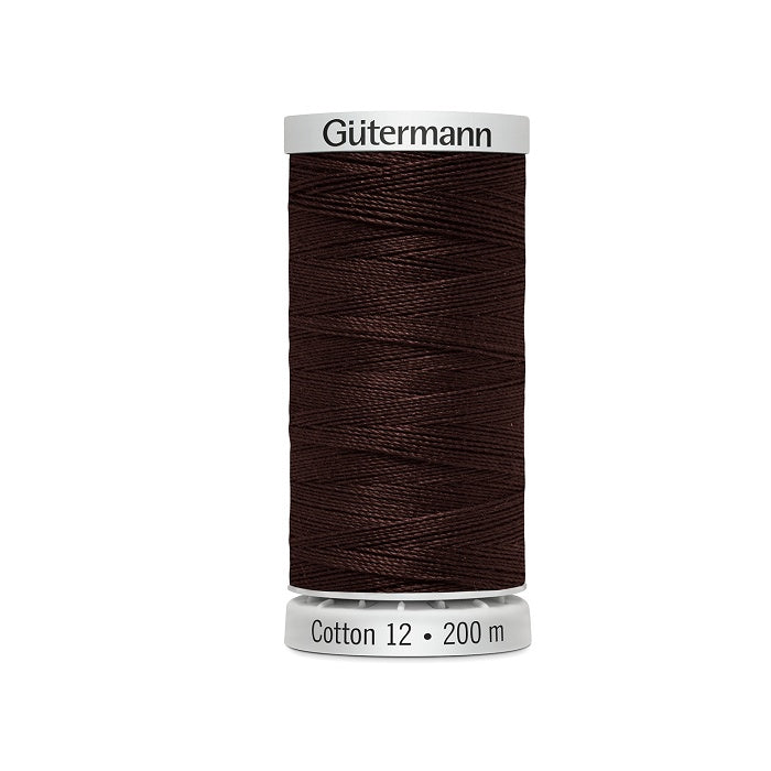 Spool of chocolate brown thread with Gutermann Cotton 12 branding.