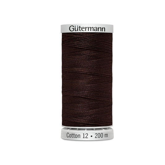 Spool of chocolate brown thread with Gutermann Cotton 12 branding.