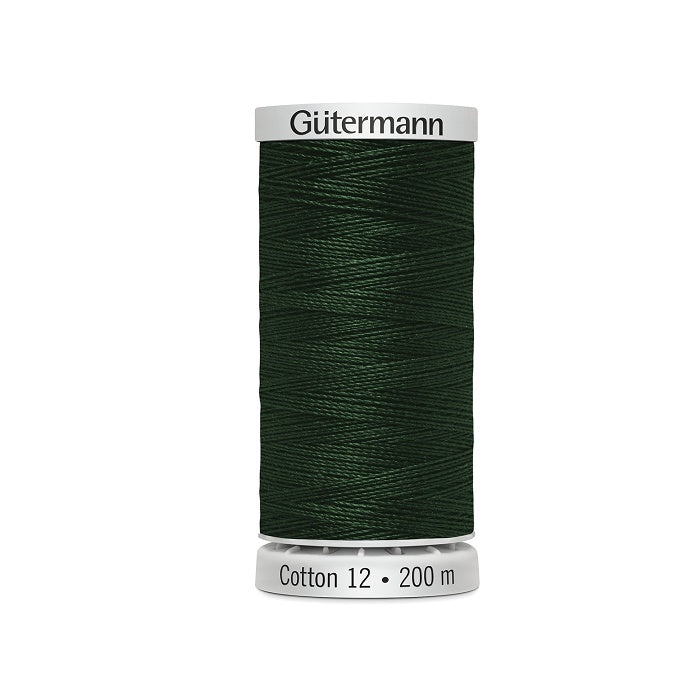 Spool of very dark green thread with Gutermann Cotton 12 branding.