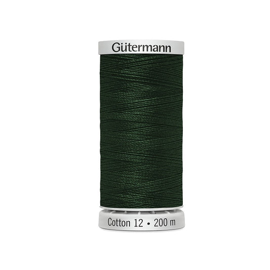 Spool of very dark green thread with Gutermann Cotton 12 branding.