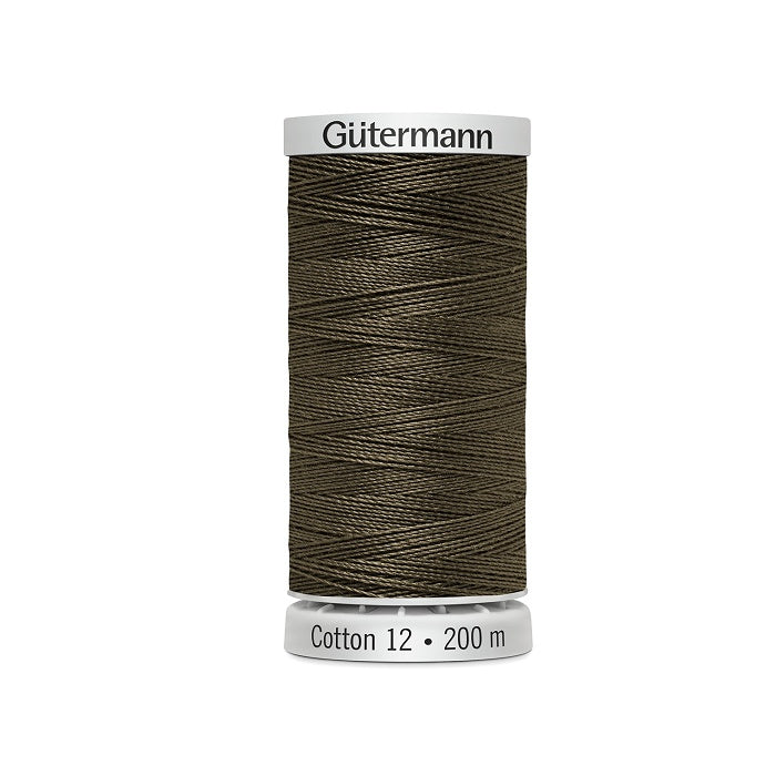 Spool of very dark moss green thread with Gutermann Cotton 12 branding.