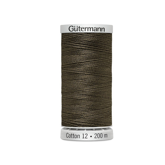 Spool of very dark moss green thread with Gutermann Cotton 12 branding.