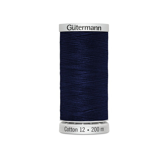Spool of dark violet blue thread with Gutermann Cotton 12 branding.