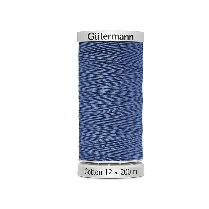 Spool of dark cornflower blue thread with Gutermann Cotton 12 branding.