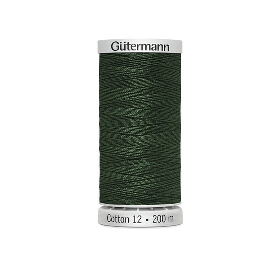 Spool of dark green thread with Gutermann Cotton 12 branding.