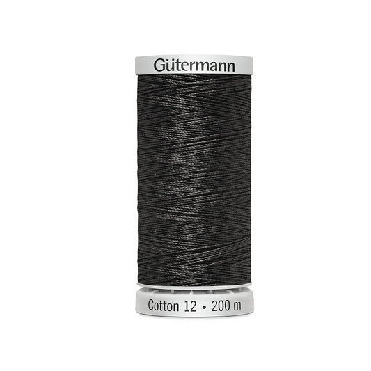 Spool of very dark grey thread with Gutermann Cotton 12 branding.