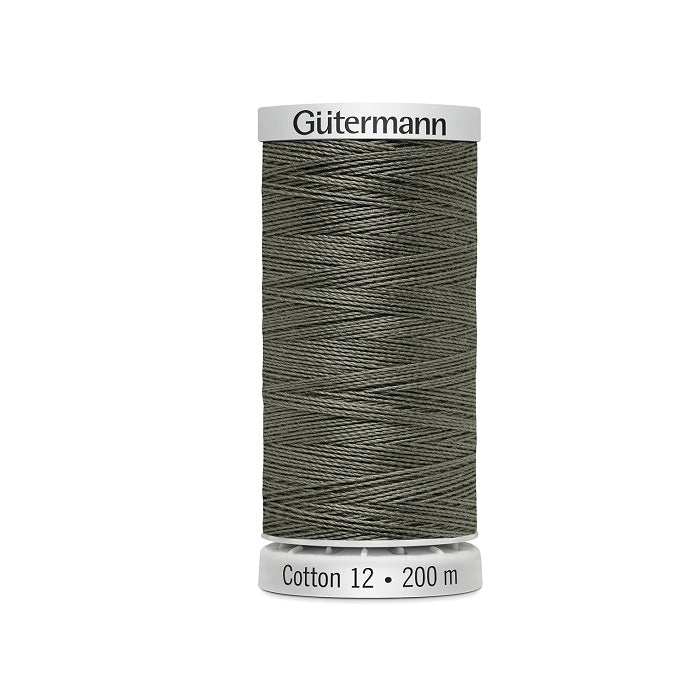 Spool of khaki green thread with Gutermann Cotton 12 branding.