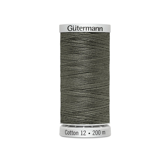 Spool of khaki green thread with Gutermann Cotton 12 branding.