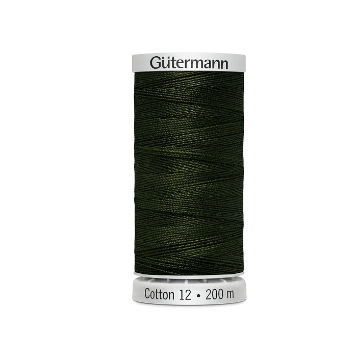 Spool of dark green thread with Gutermann Cotton 12 branding.