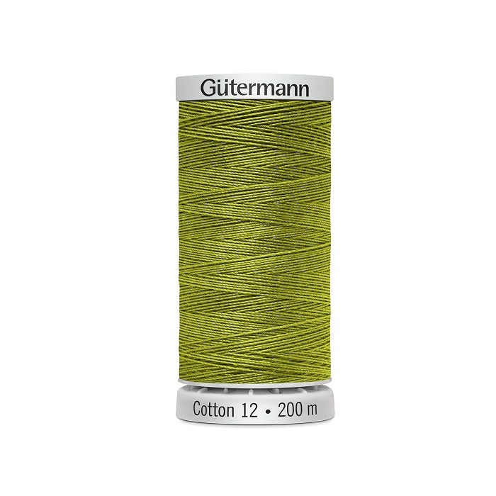 Spool of olive green thread with Gutermann Cotton 12 branding.