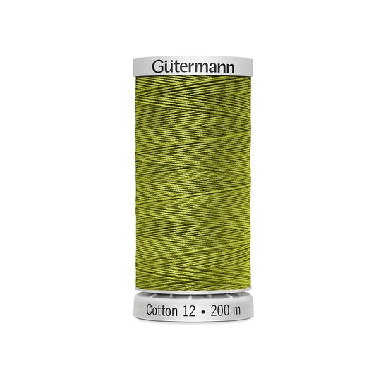 Spool of olive green thread with Gutermann Cotton 12 branding.