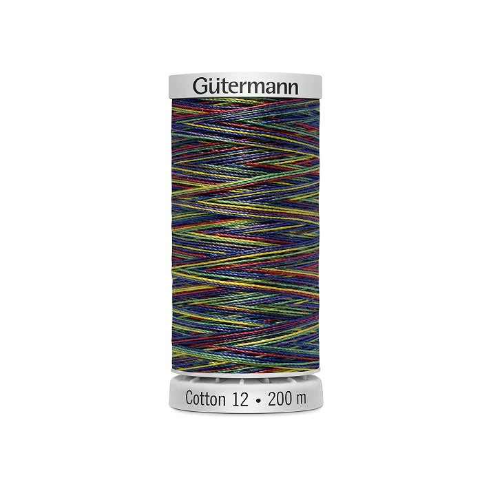 Spool of multicoloured thread with Gutermann Cotton 12 branding.