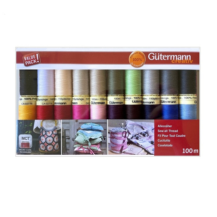 Box of thread spools with various colours.