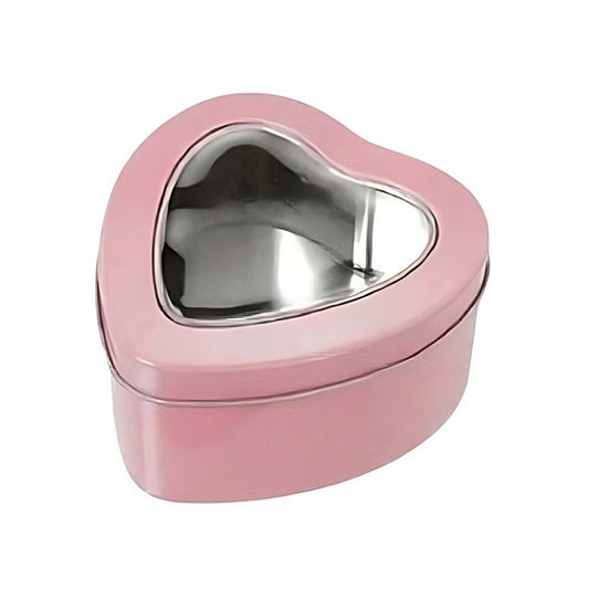 Pink heart shaped metal tin with a clear window in the lid.