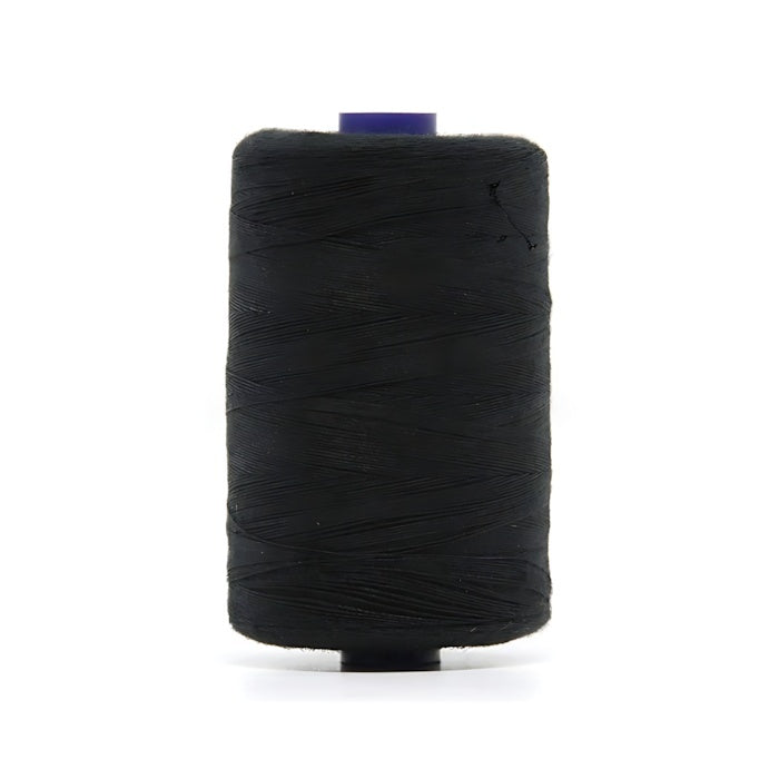 Spool of black polyester sewing thread.