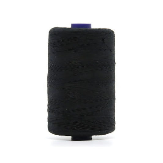 Spool of black polyester sewing thread.
