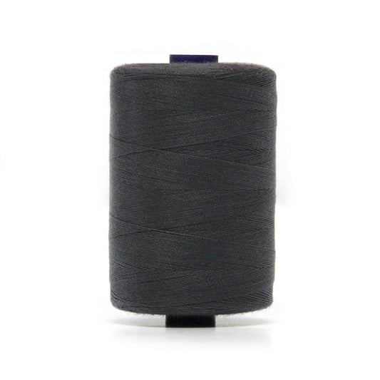 Spool of dark grey polyester sewing thread.