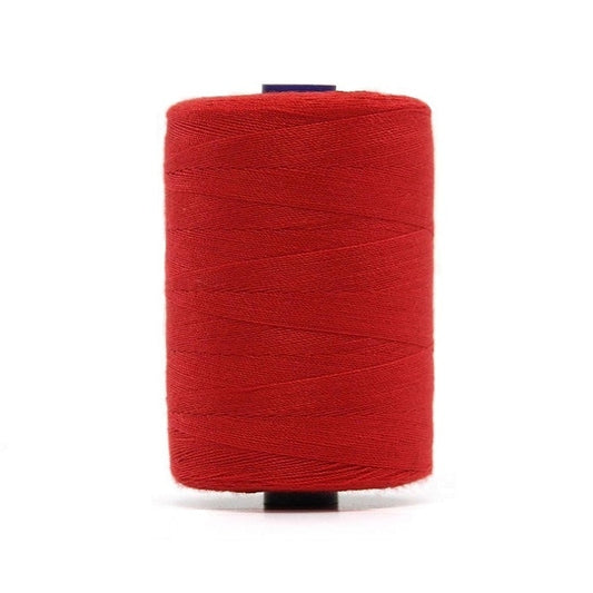 Spool of dark red polyester sewing thread.