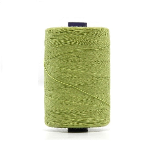 Spool of grass green polyester sewing thread.