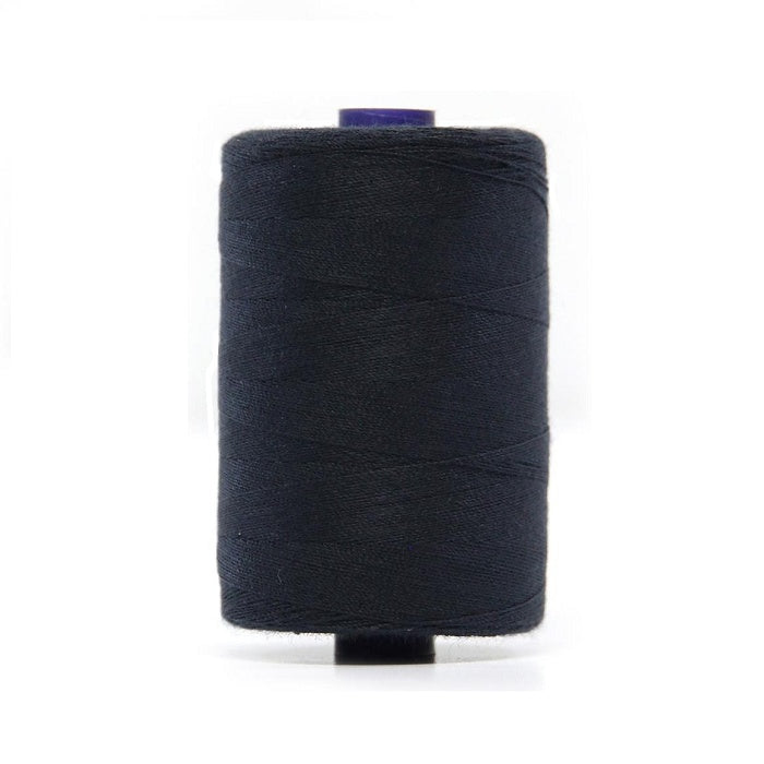 Spool of navy polyester sewing thread.