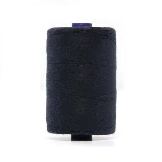Spool of navy polyester sewing thread.