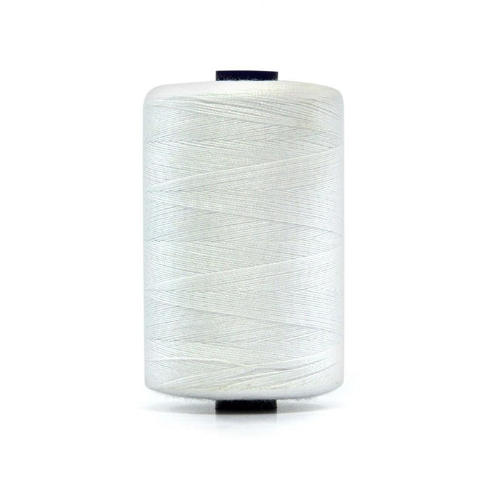 Spool of off white polyester sewing thread.