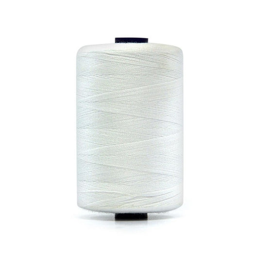Spool of off white polyester sewing thread.