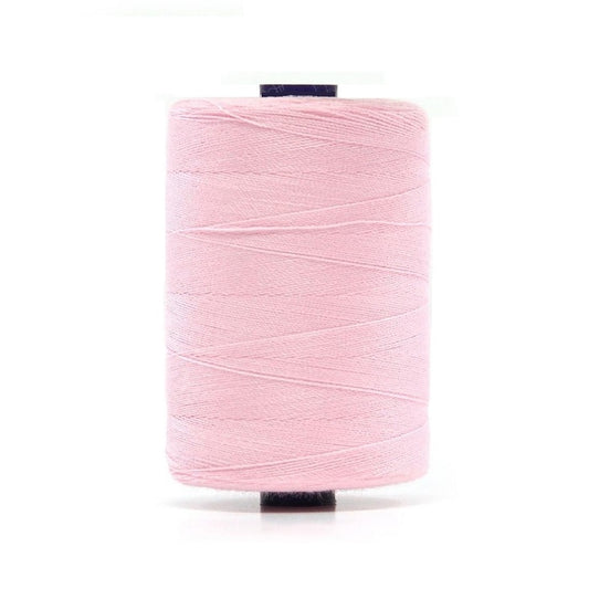 Spool of pink polyester sewing thread.