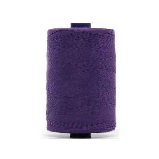 Spool of purple polyester sewing thread.