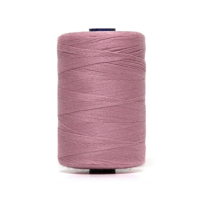 Spool of rose pink polyester sewing thread.
