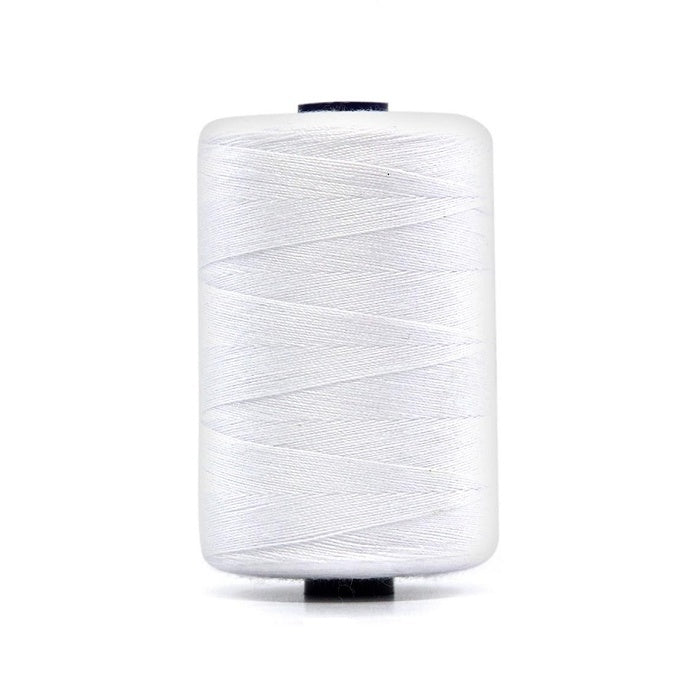 Spool of white polyester sewing thread.