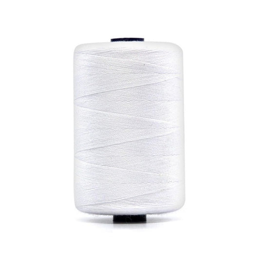 Spool of white polyester sewing thread.