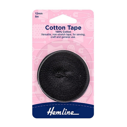 Packaged black cotton tape with Hemline branding.