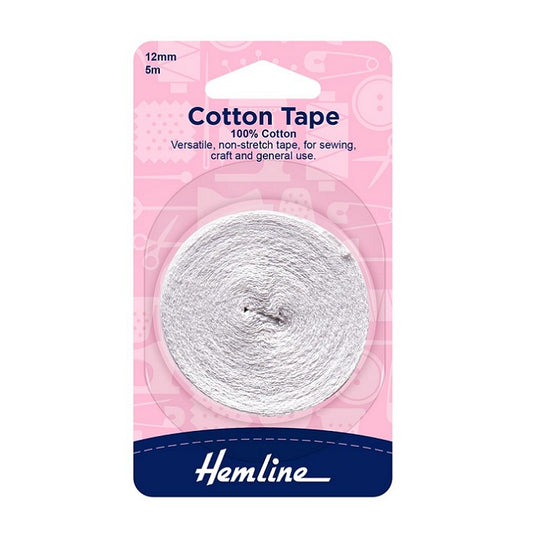 
Packaged white cotton tape with Hemline branding.