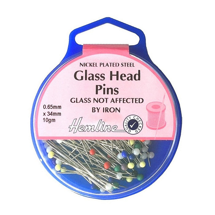 Multi coloured glass head pins in Hemline packaging.