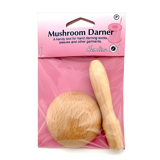 Packaged wooden mushroom darner with Hemine branding.