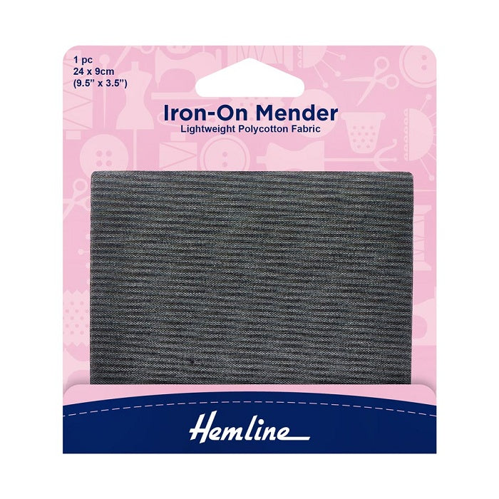 Packaged dark grey mender with Hemline branding.