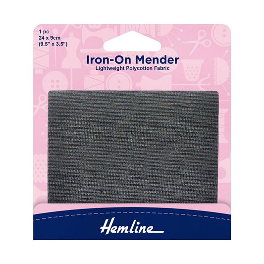 Packaged dark grey mender with Hemline branding.