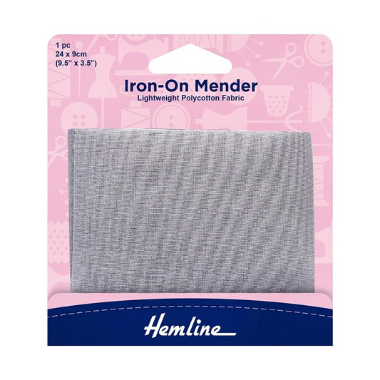 Packaged light grey mender with Hemline branding.
