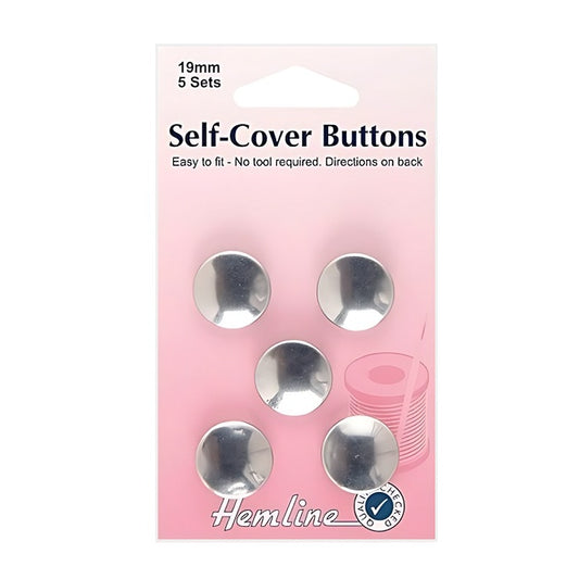 Self cover buttons on a card with Hemline branding.