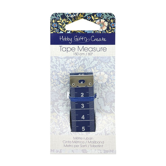 Packaged navy tape measure with Hobby Gift branding.