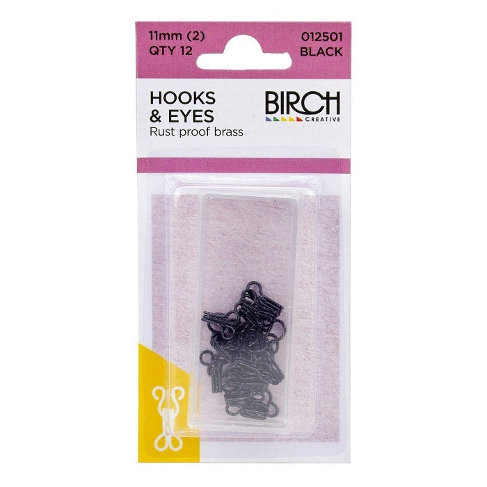 Pack of black hook and eyes with Birch branding.