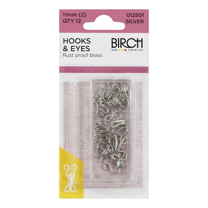 Pack of silver hook and eyes with Birch branding.