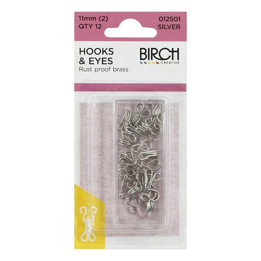 Pack of silver hook and eyes with Birch branding.