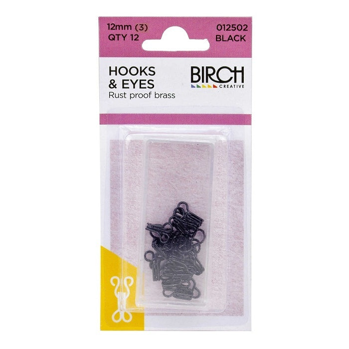 Pack of black hook and eyes with Birch branding.