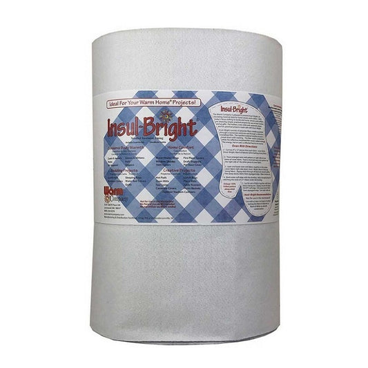 A roll of white insulation material with a blue and white checkered label reading Insul Bright.