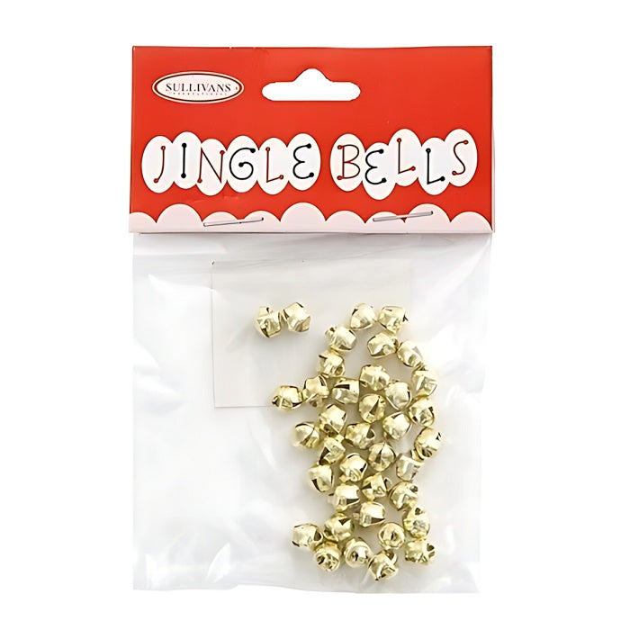 Pack of gold tone jingle bells with Sullivans branding.