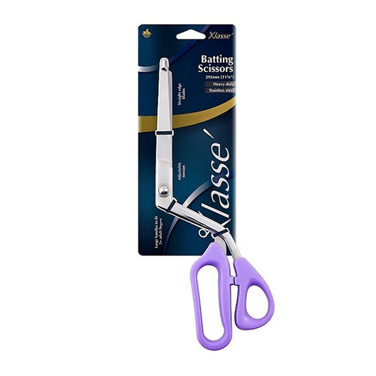 Purple handled batting scissors with Klasse branding.