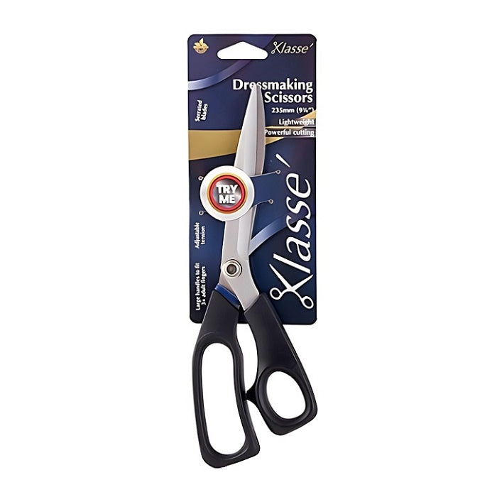 Black handled dressmaking scissors with Klasse branding.